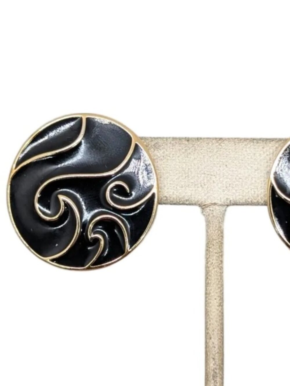 Vintage 1980s Signed Trifari Round Black Enamel "Wind" Pierced Earrings